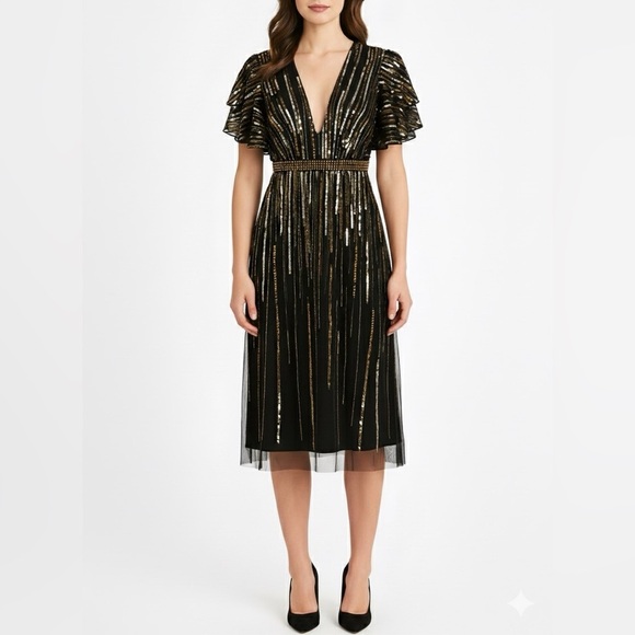 NWT Mac Duggal Beaded Sequin A Line Midi Dress Black Gold V Neck Sample Sz 2